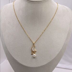 18k gold plated moon and pearl drop pendant necklace